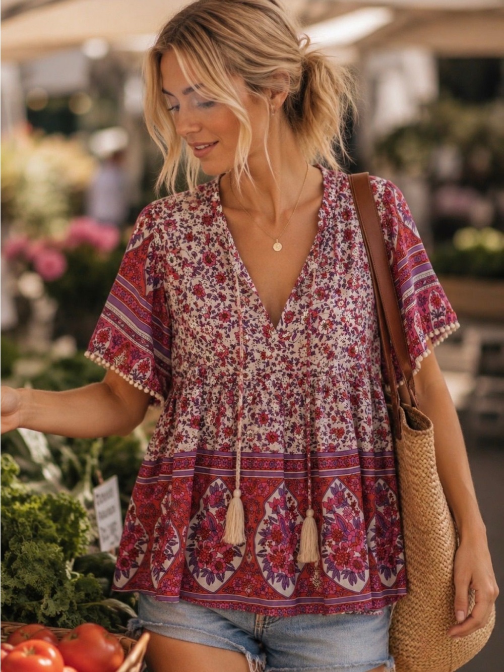 THML Mixed Print Boho Floral Top with Tassels